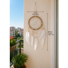 Doğal Hasır Kasnaklı Beyaz Tüylü Düş Kapanı – Bohem Dekoratif Duvar Süsü 12 cm