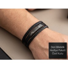 Herşey Nota Erkek Siyah Deri Bileklik – Özel Tasarım Şehir Silüetli, Çok Katmanlı Örgü Bileklik