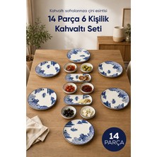 Vienev Mavi Çini Desenli 14 Parça 6 Kişilik Seramik Kahvaltı Takımı Servis Sunum Tabaklı Dekoratif Sofra Seti