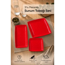 Vienev 3 Adet Melamin Sunum Tabağı Seti, Sunum Tabağı,servis Tabağı-Desenli Kırılmaz Servis Tabağı- Kırmızı