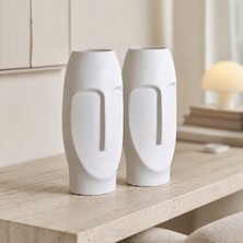 Mosarte Stoneface 2’li Minimalist Soyut Yüz Dekoratif Vazo Seti, 23 cm – Beyaz Renk