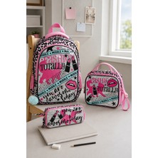 Muggle 9074 Fashion Leopar Desenli 3’lü Okul Çantası Beslenme Çantası Kalemlik Seti