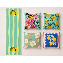 R'eyla R’eyla Fiore Di Limone 5 Parça Dekoratif Kırlent ve Runner Seti – 4 Adet 45X45 cm Kırlent Kılıfı + 50X150 cm Runner