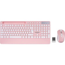 Gees Global Beyaz - Pembe Kablosuz Klavye - Mouse Seti Tablet - Telefon Standlı Q Kalvye (5492)