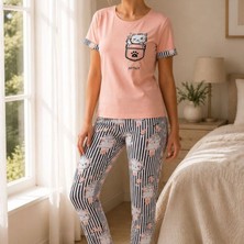 Evrenial Kadın Pamuklu Penye Baskılı Kısa Kollu Bisiklet Yaka Ekose Desenli Pijama Takımı