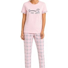 Evrenial Kadın Pamuklu Penye Baskılı Kısa Kollu Bisiklet Yaka Ekose Desenli Pijama Takımı