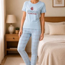 Evrenial Kadın Pamuklu Penye Baskılı Kısa Kollu Bisiklet Yaka Ekose Desenli Pijama Takımı