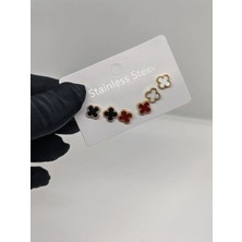 Cadde Dükkanı 6lı ( 3 Çift ) Renkli Yoncalı Gold Çelik Küpe