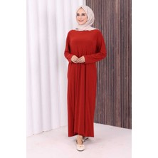 Bym Fashion Düz Bisklet Yaka Uzun Kol Iç Sandy Elbise 3202 Kiremit