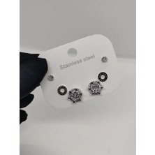 Cadde Dükkanı 6lı ( 3 Çift ) Büyük Taşlı Silver Çelik Küpe