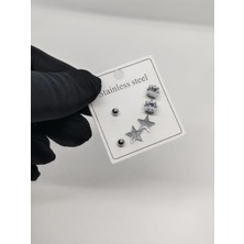 Cadde Dükkanı 6lı ( 3 Çift ) Yıldızlı Işaretli Silver Çelik Küpe