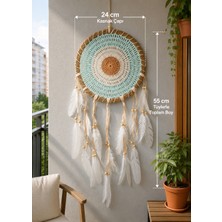 Mint Yeşili Örgü Detaylı Büyük Düş Kapanı 24 cm Kasnaklı Tüylü Duvar Dekoru