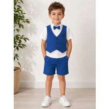 Lino Baby Saks Mavi Yelekli Papyonlu Erkek Çocuk 4'lü Şortlu Alt Üst Takım