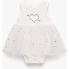 Lino Baby Ekru Gümüş Kalp Detaylı Tüllü Kız Bebek Body Elbise