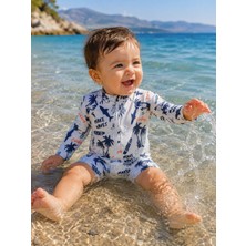 Lino Baby Ekru Deniz Desenli Uzun Kollu Fermuarlı Erkek Bebek Mayo Tulum