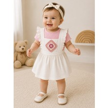 Lino Baby Ekru Fırfırlı Motif Nakışlı Kız Bebek 2'li Elbise Takım