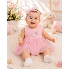 Lino Baby Pembe Kalp Nakışlı Tüllü Kız Bebek Body Elbise