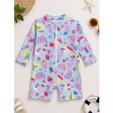 Lino Baby Mavi Deniz Desenli Uzun Kollu Fermuarlı Kız Bebek Mayo Tulum
