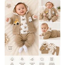 Lino Baby Bej Kapüşonlu Araç Baskılı Erkek Bebek 3'lü Takım