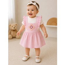 Lino Baby Pembe Fırfırlı Motif Nakışlı Kız Bebek 2'li Elbise Takım