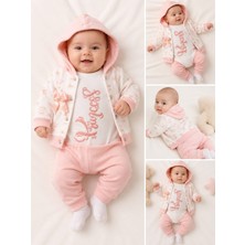 Lino Baby Pembe Kapüşonlu Çiçek Detaylı Kız Bebek 3'lü Takım