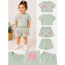 Lino Baby Mint Yeşili Çiçekli Kız Bebek ve Çocuk 2'li Alt Üst Takım