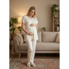 Lohussa Yeni Sezon Ekru Dantel Işlemeli Düğmeli Yazlık Kısa Kollu Lohusa Hamile Pijama Takımı