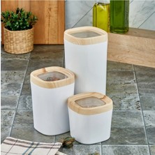 Moontime Alaçatı Mugiss Saklama Kabı Ahşap Kaplama Kapak Beyaz Renkli Hazne 3'lü Set 1800ML 1000ML 600ML