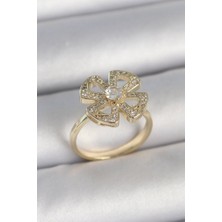 Pirinç Gold Renk Zirkon Taşlı Yonca Model Ayarlanabilir Kadın Yüzük - TJ-BYK3719