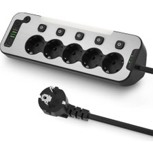Aydogan's Bağımsız Anahtarlı 5'li Işıklı Akım Korumalı Çoklu Priz 4000W, 2x USB - 2x Type-C Giriş, Metal Ön Panel Uzatma Kablosu Köşe Beşli Priz, Topraklı, 2 Metre Kablo