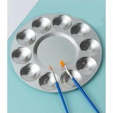 Aydogan's Yuvarlak Metal Palet 1 Adet Metal Boya Paleti 10 Hazneli 17 cm Paslanmaz Resim Boyama Paleti Fırça Hediyeli