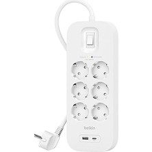 Aydogan's Belkin 6'lı Çoklu Priz, Yüksek Gerilim Korumalı, Duvara Montaj, 6 Priz, 2 M Güç Kablosu, Yeşil Işıklı Gösterge, Hızlı Şarj Için Usb-C ve Usb-A Bağlantısı; 650 Jul Koruma
