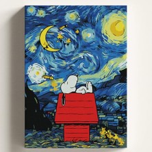 Aydogan's Sayılarla Boyama Tuval Hobi Seti, Yıldızlı Gece Snoopy Temalı Fırça ve Boya Dahil Set (Çıtalı) 40X50 Cm, Kendin Yap Sayılarla Tuval Boya Kiti (Kasnaklı)