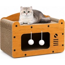 Aydogan's Kedi Tırmalama Evi - Ahşap Kedi Oyun Evi 56X27X30 cm - Karton Tırmalama Tahtalı Uyku Yuvası - Sallanan Top Oyuncaklı Tek Katlı Evcil Hayvan Mobilyası - Modern Doğal Ahşap Tasarım