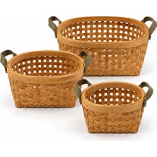 Naturel Dekor Bambu Kare Köşe Deri Kulplu 3\\\'lü Set Sepet ve Saklama Kutusu - Bohem, Organizer, Düzenleyici, Saksı, Iskandinav, Modern