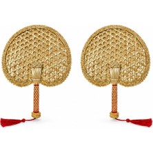 Naturel Dekor Bambu 2\'li Yuvarlak Kırmızı Püskül Detay Palmiye Yaprağı, Japon Yelpazesi 28X34 Cm, Duvar Dekorasyon, Duvar Süsü, Iskandinav, Modern, Bohem