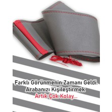 Moontime Alaçatı Opel Vivaro Gri Özel Süper Deri Kırmızı Yüzüklü Dikişli Direksiyon Kılıfı
