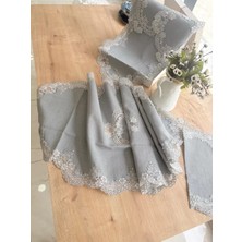 Çeyizlik Firuze Model Gri 5 Parça Keten Dantelli Salon Takımı Runner Seti No 486745