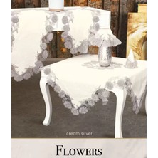 Bej Çeyizlik Flowers Model 5 Parça Keten Dantelli Salon Takımı Runner Seti No 255