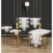 Krem-Gold Kayla Model 5 Parça Keten Dantelli Runner Seti Çeyizlik Salon Takımı