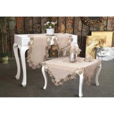 Çeyizlik Flowers Model Kapiçino 5 Parça Keten Dantelli Masa Örtüsü Runner Seti