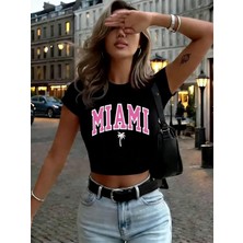Tarzsokak Miami Beach Mektup Baskı Bayan Kırpma Tişörtleri Yaz Yüksek Elastik O-Boyun Üstleri Sokak Inc
