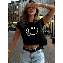 Tarzsokak Makas El Gülümseme Grafik Baskılar Bayan Kırpma Üstleri Yaz Yüksek Elastik O-Boyun Tees Y2K I