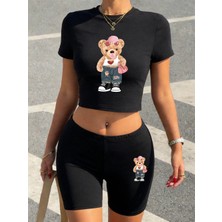 Tarzsokak Yaz Modası Aşk Pembe Ayı Baskılı Babby Teelar Şortlar Kadın Iki Parçalı Set Tişört Pantolon Yu