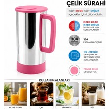 Hace Bazaar Pembe - Paslanmaz Çelik Sıcak - Soğuk Çelik Sürahi (4887)