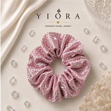 Yiora Özel Seri Taş Detaylı Işıltılı 1.kalite Saten Kumaş Pastel Ton Scrunchie Simit Lastik Toka