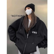 Tarzsokak Unisex Siyah Cec Baskılı Oversize Kapüşonlu Hırka