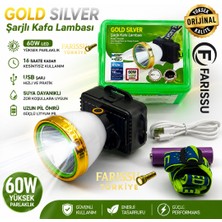 farissu Gold Silver Güneş Enerjili Solar Şarjlı Kafa Lambası 60W LED 1 Km Menzilli Avcı Kamp Feneri 18650 Pilli