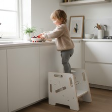 U Atölye Beyaz Mdf Çocuk Öğrenme Kulesi ve Yetişkin Iki Basamaklı Tabure - Çocuk Banyo ve Mutfak Basamağı