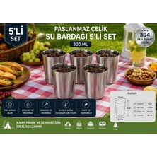 304 Paslanmaz Çelik Su Bardağı 5’li Set 300 ml Kırılmaz Metal Bardak Kamp Piknik Ev Kullanımı